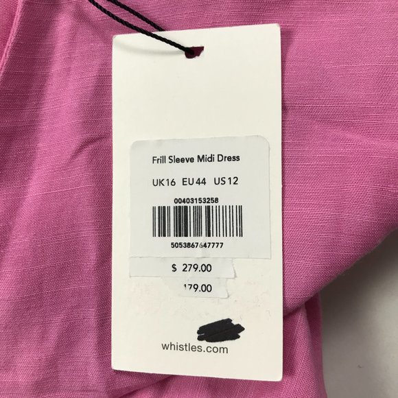Whistles Linen Mix Midi Dress Pink Size 16 Frill Sleeves Empire Waist - Picture 10 of 14